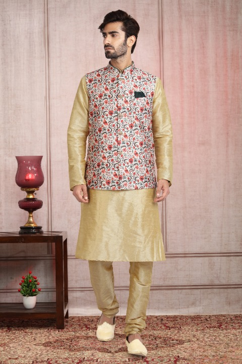 Raivat Ethnic Art Banarasi Silk Printed Work 3 Pics Jacket Set In Pista Green Colour | Grocsy