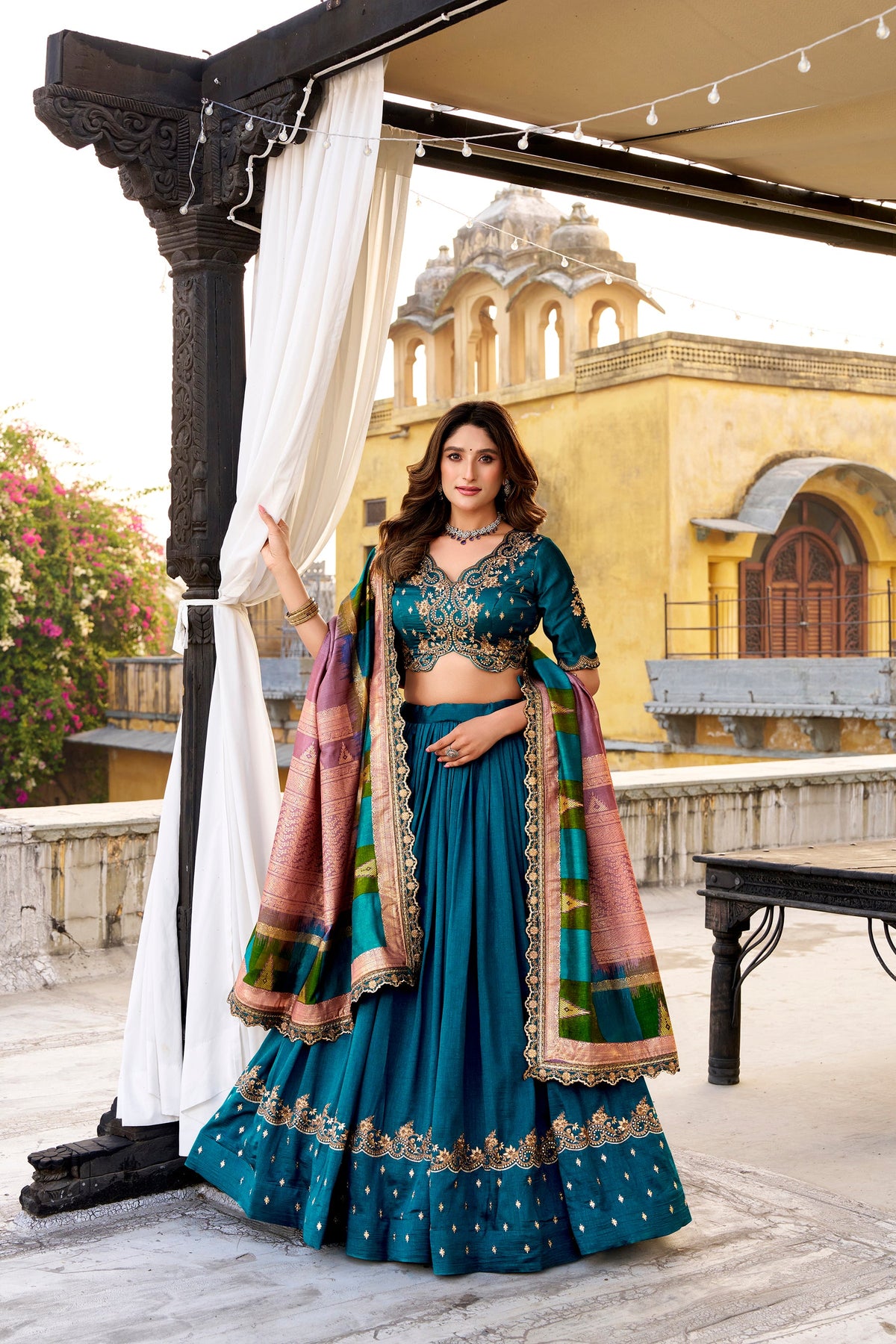 Lorenvalley Fashion Firozi Vichitra Silk Sequins and Thread Embroidery Work Lehenga Choli with Dupatta | Grocsy