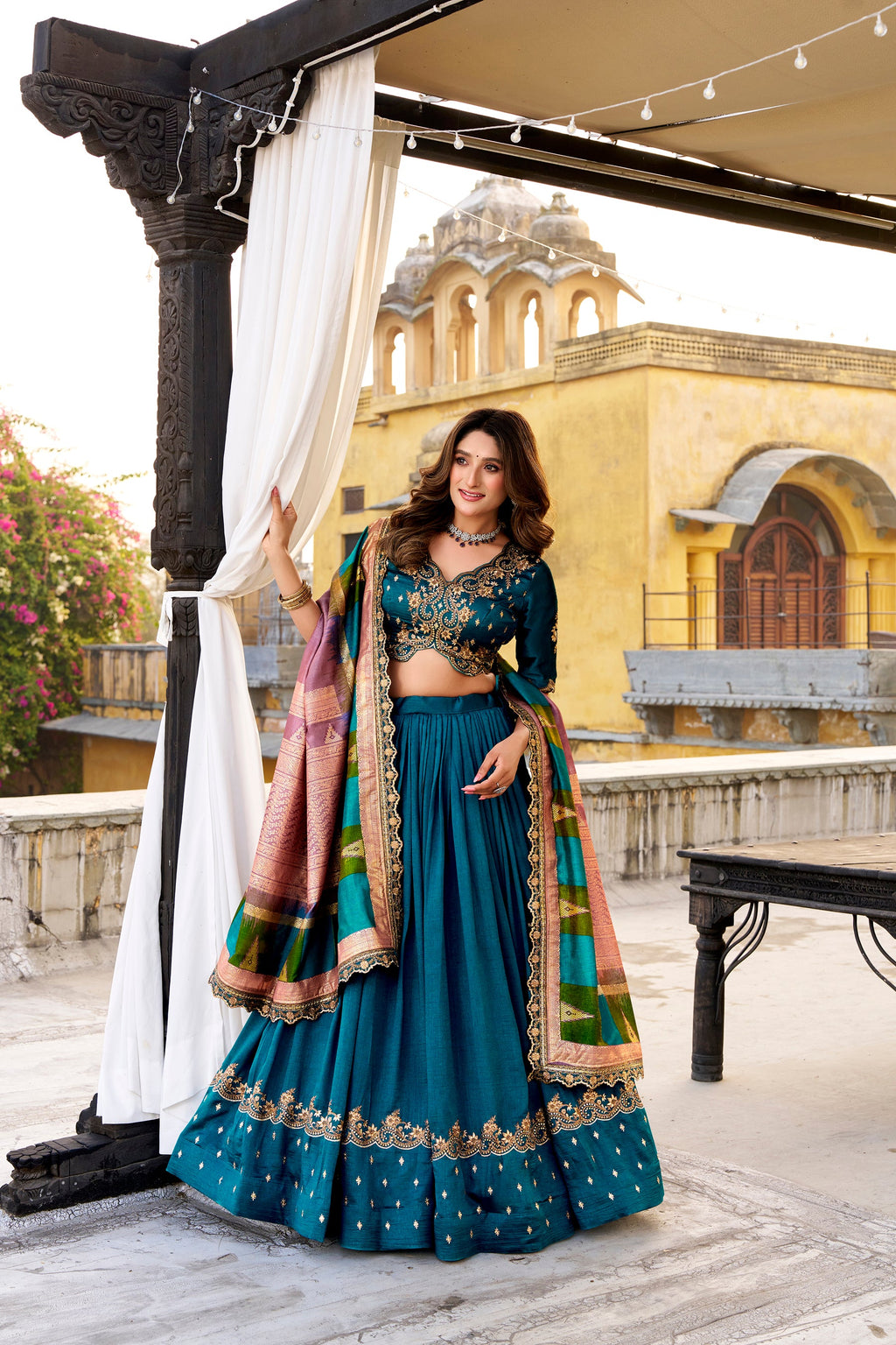 Lorenvalley Fashion Firozi Vichitra Silk Sequins and Thread Embroidery Work Lehenga Choli with Dupatta | Grocsy