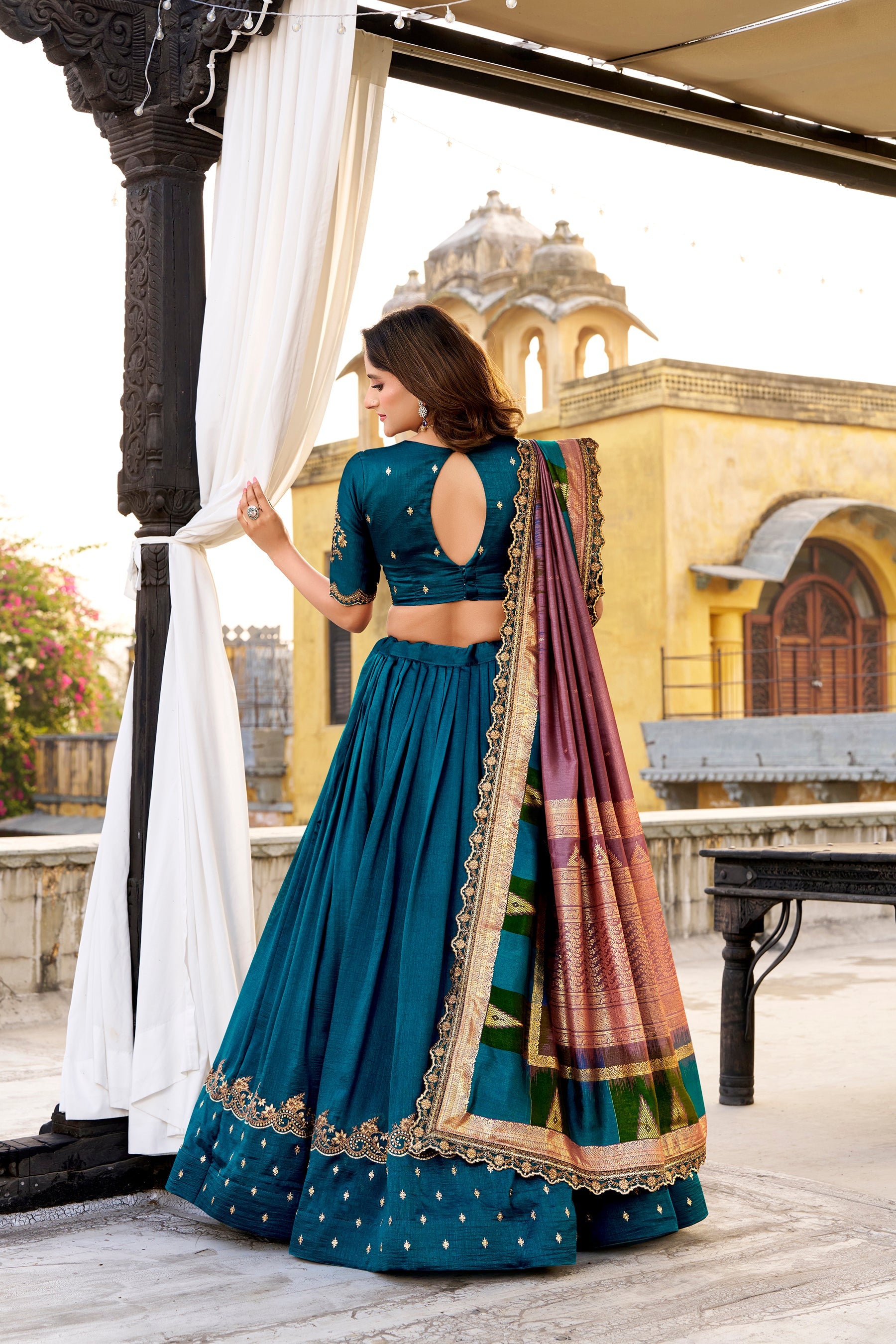 Lorenvalley Fashion Firozi Vichitra Silk Sequins and Thread Embroidery Work Lehenga Choli with Dupatta | Grocsy