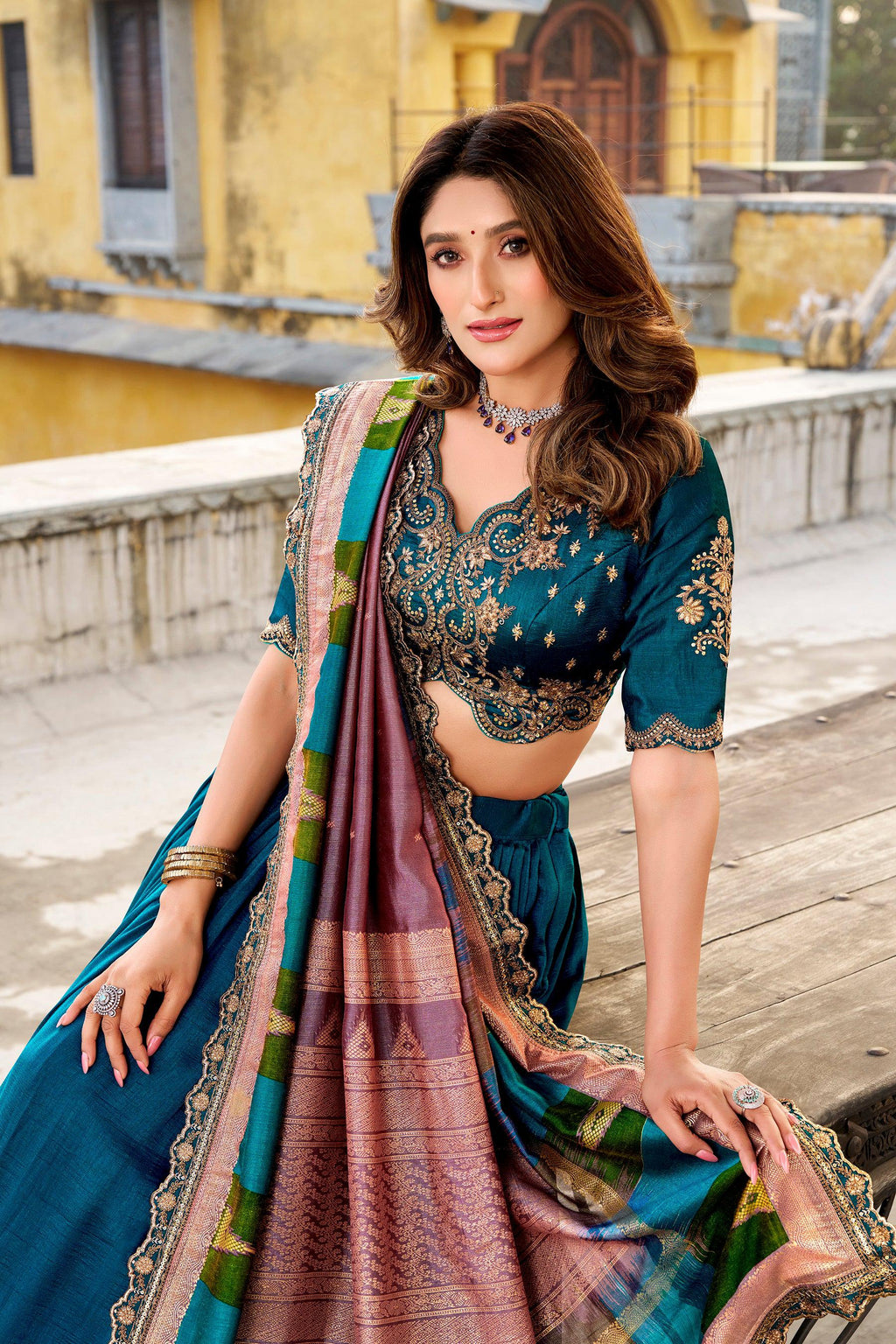 Lorenvalley Fashion Firozi Vichitra Silk Sequins and Thread Embroidery Work Lehenga Choli with Dupatta | Grocsy