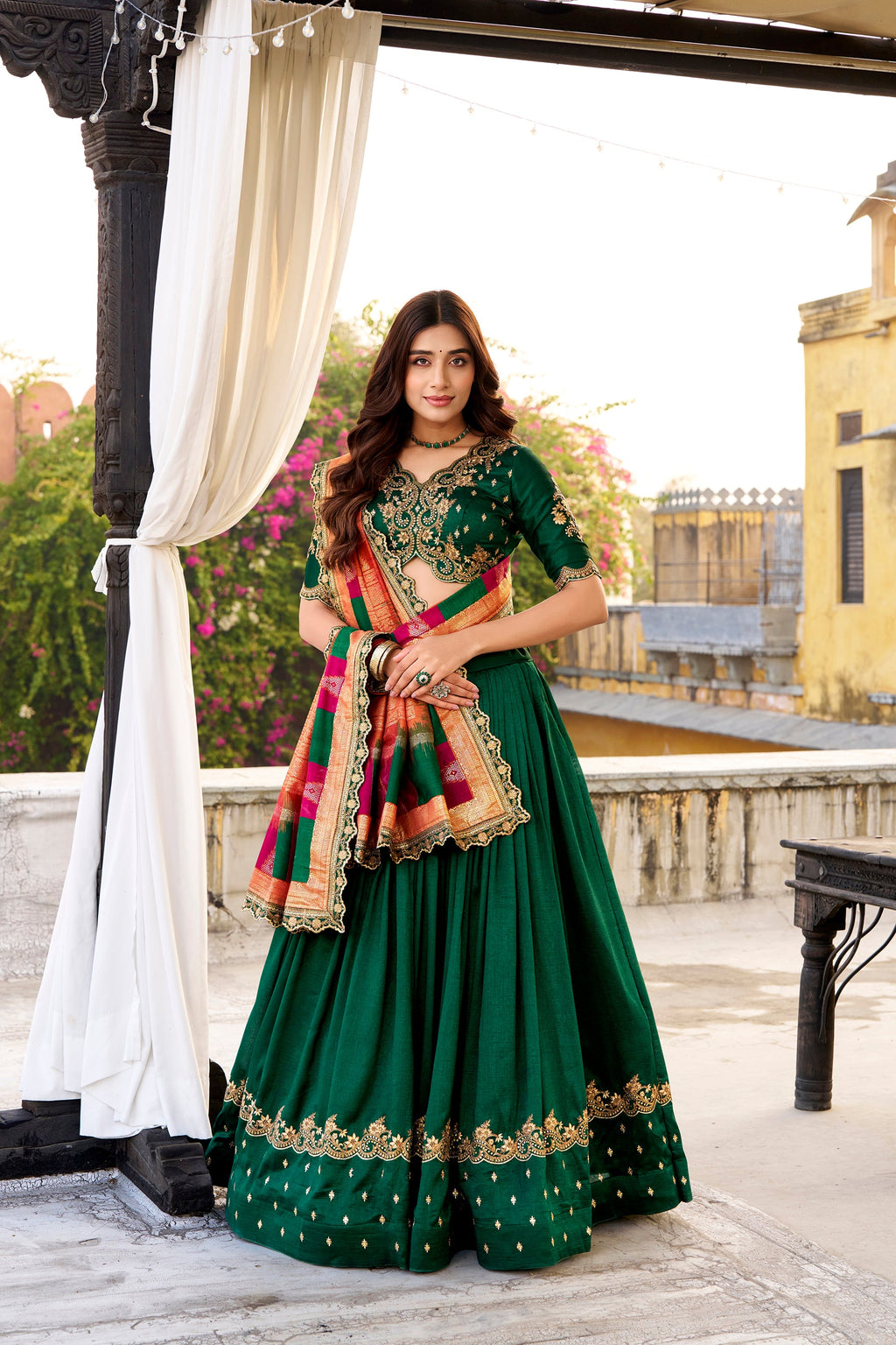 Lorenvalley Fashion Green Vichitra Silk Sequins and Thread Embroidery Work Lehenga Choli with Dupatta | Grocsy