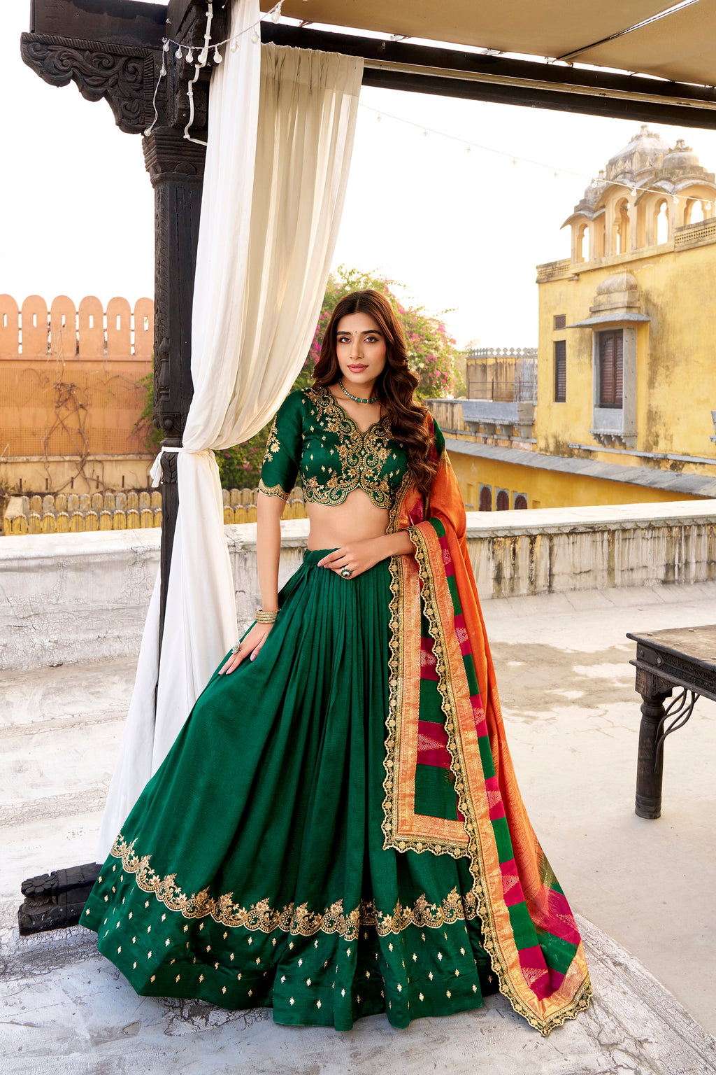 Lorenvalley Fashion Green Vichitra Silk Sequins and Thread Embroidery Work Lehenga Choli with Dupatta | Grocsy