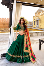 Lorenvalley Fashion Green Vichitra Silk Sequins and Thread Embroidery Work Lehenga Choli with Dupatta | Grocsy