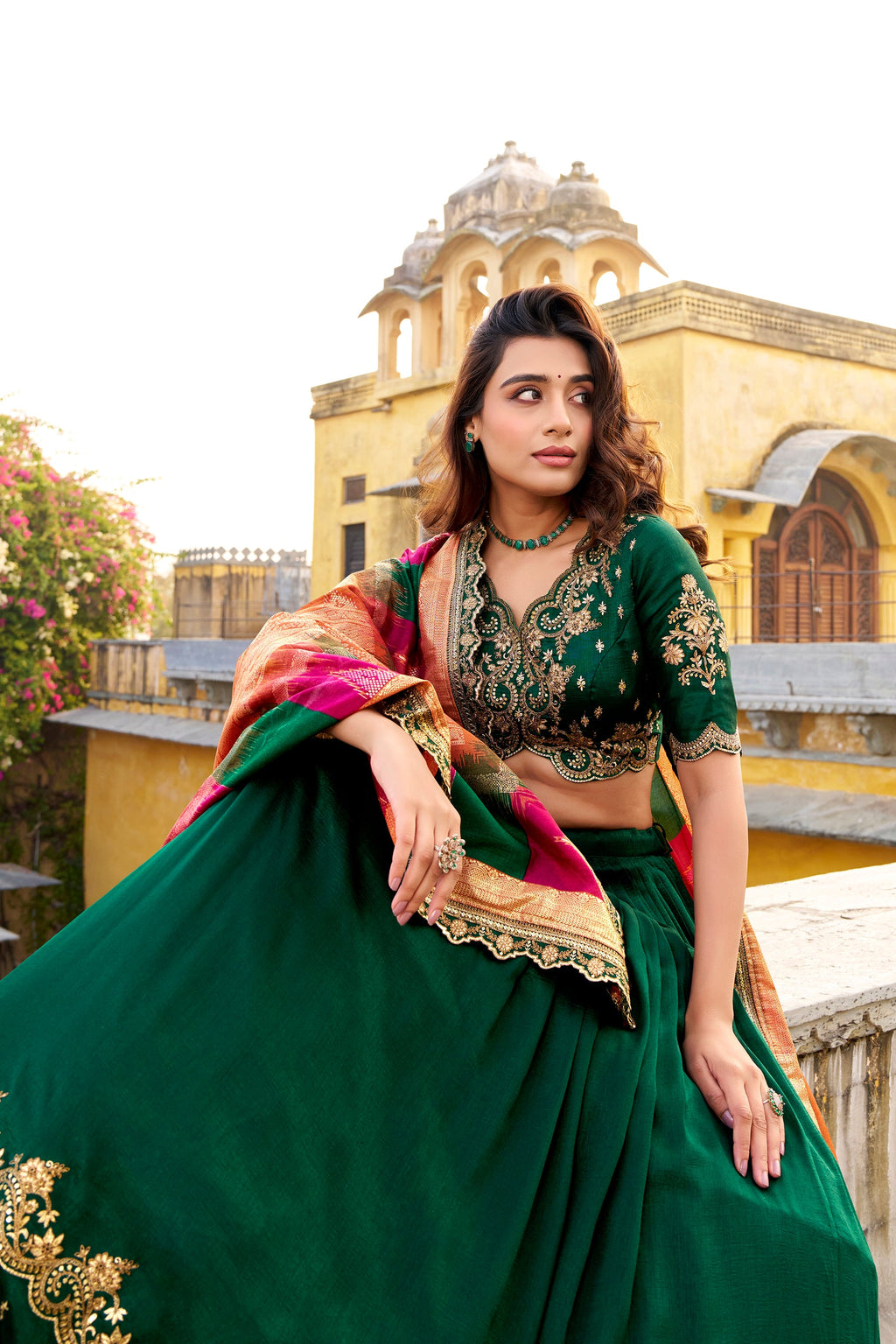 Lorenvalley Fashion Green Vichitra Silk Sequins and Thread Embroidery Work Lehenga Choli with Dupatta | Grocsy