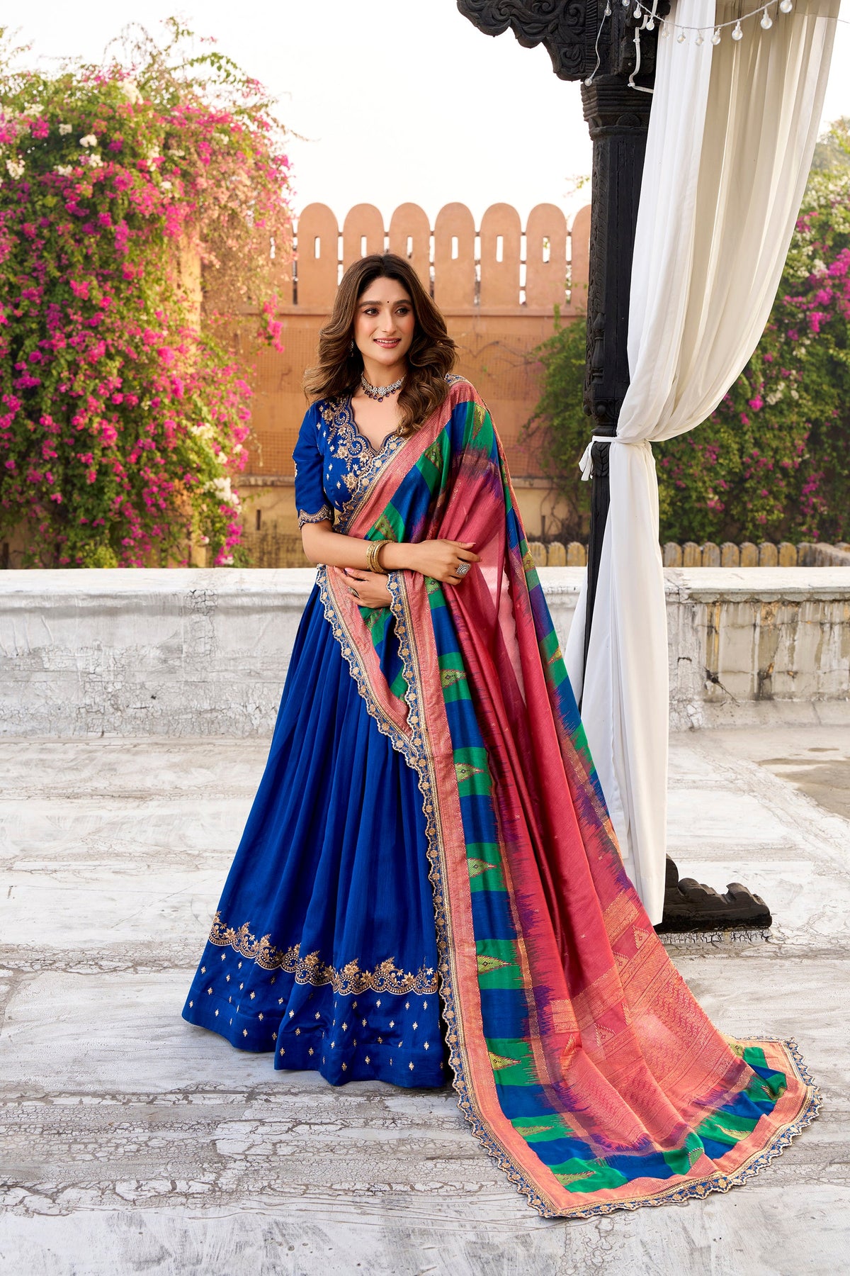Lorenvalley Fashion Royal Blue Vichitra Silk Sequins and Thread Embroidery Work Lehenga Choli with Dupatta | Grocsy