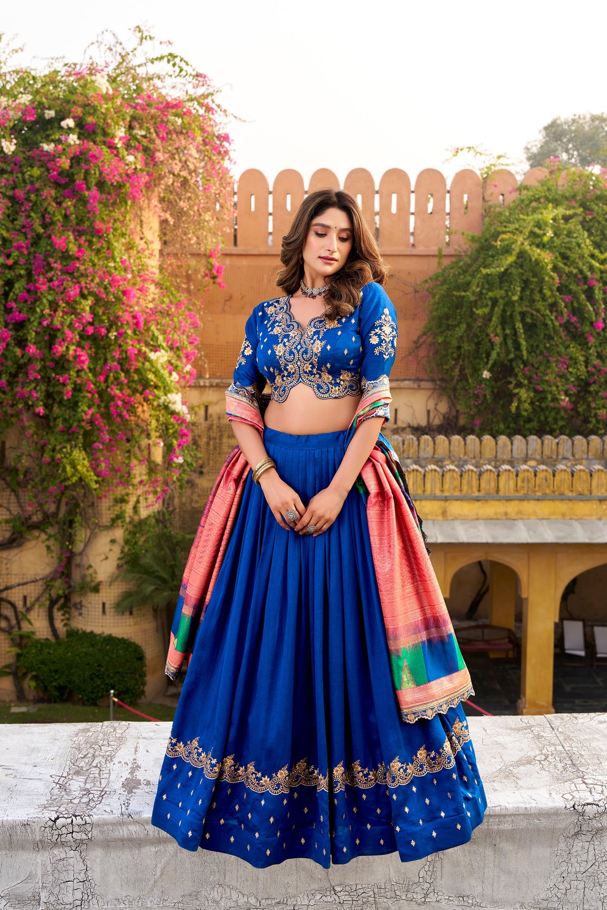 Lorenvalley Fashion Royal Blue Vichitra Silk Sequins and Thread Embroidery Work Lehenga Choli with Dupatta | Grocsy