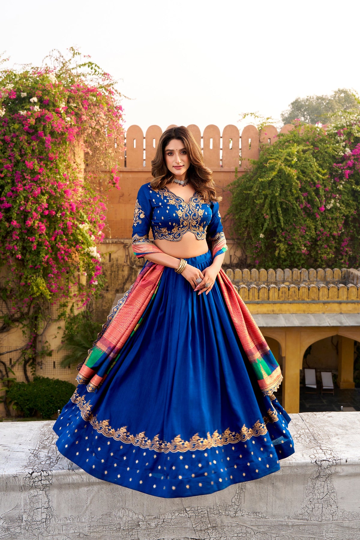 Lorenvalley Fashion Royal Blue Vichitra Silk Sequins and Thread Embroidery Work Lehenga Choli with Dupatta | Grocsy