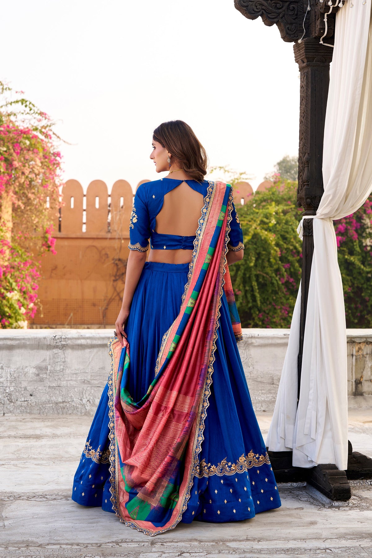 Lorenvalley Fashion Royal Blue Vichitra Silk Sequins and Thread Embroidery Work Lehenga Choli with Dupatta | Grocsy
