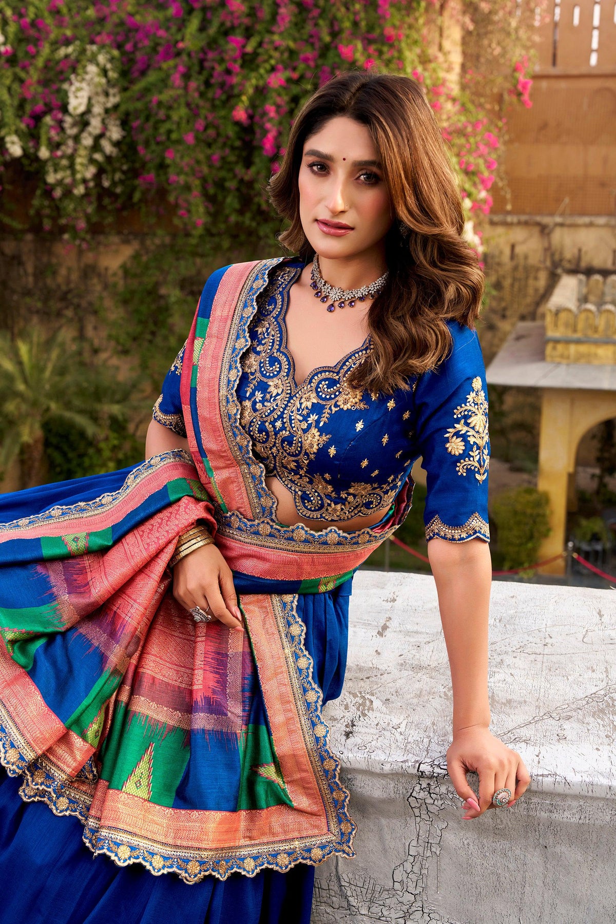 Lorenvalley Fashion Royal Blue Vichitra Silk Sequins and Thread Embroidery Work Lehenga Choli with Dupatta | Grocsy