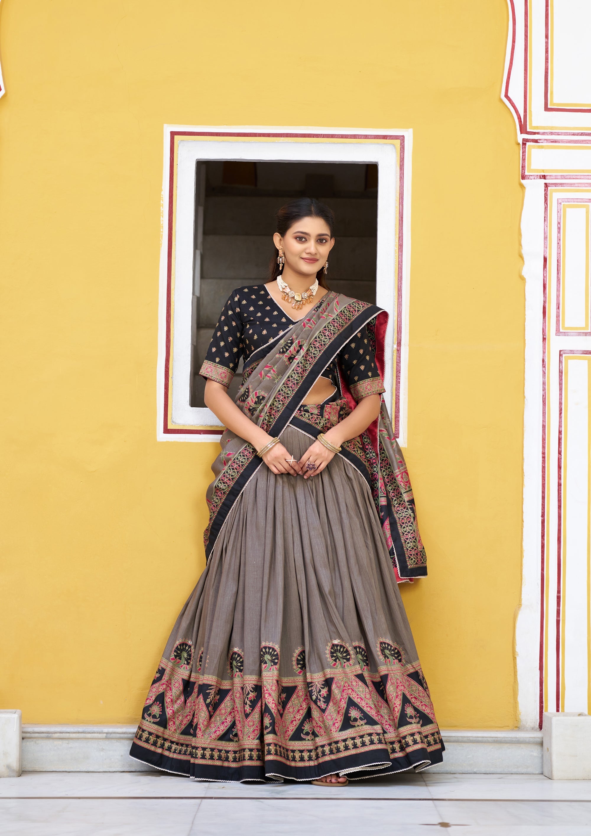 Lorenvalley Fashion Black Tasar Silk Printed And Iconic Sparkle with Lace Border Lehenga Choli with Dupatta | Grocsy