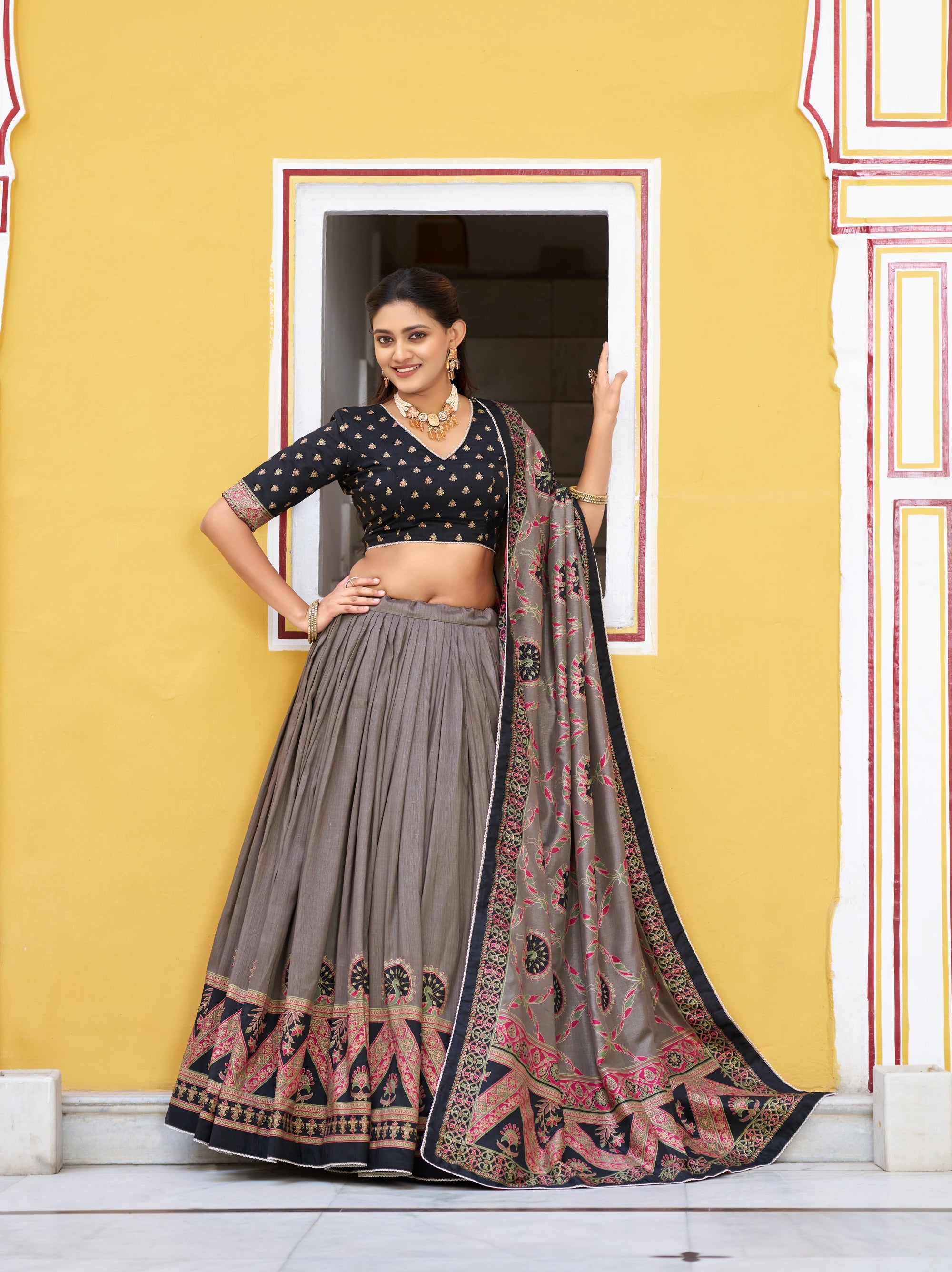 Lorenvalley Fashion Black Tasar Silk Printed And Iconic Sparkle with Lace Border Lehenga Choli with Dupatta | Grocsy