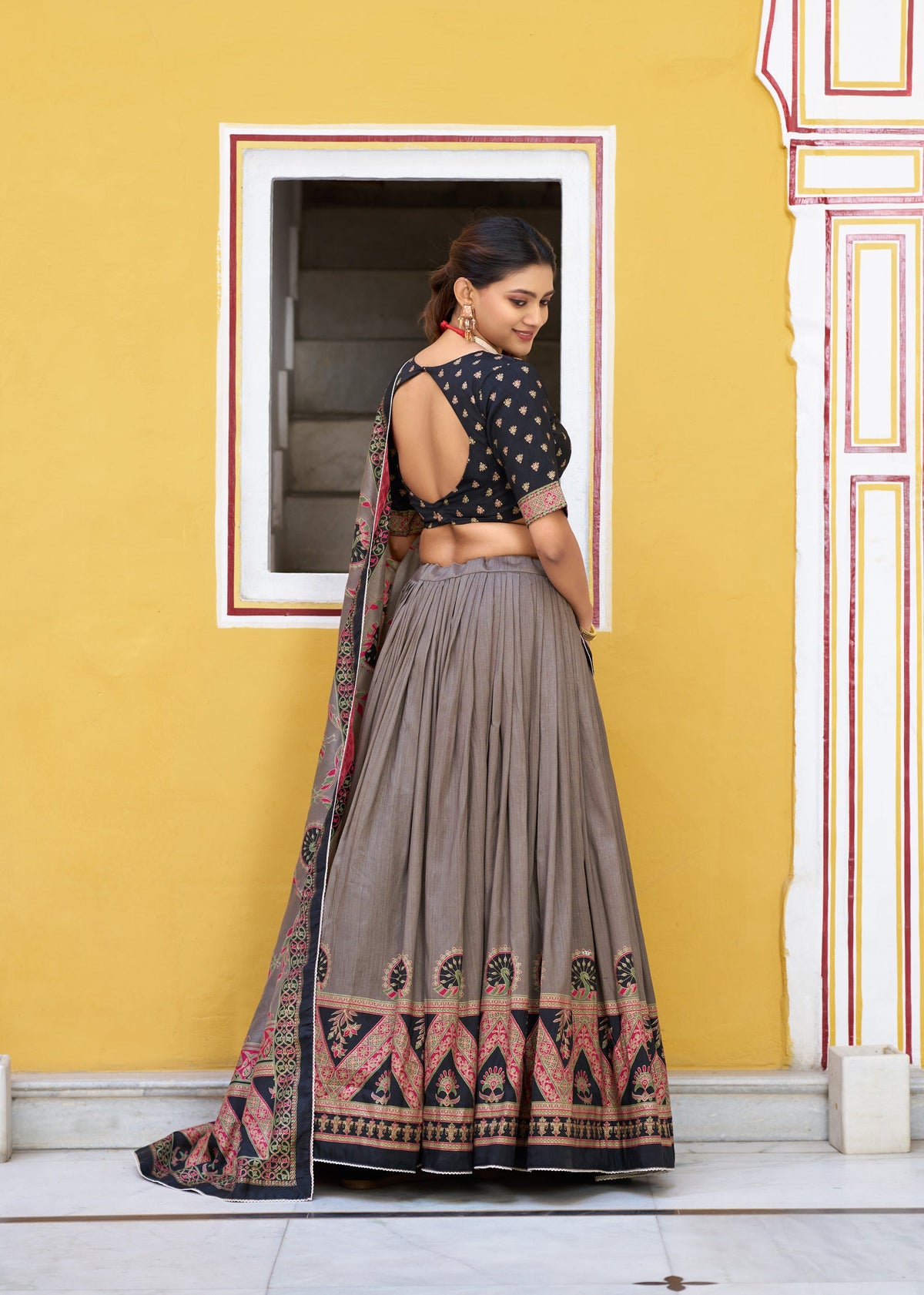 Lorenvalley Fashion Black Tasar Silk Printed And Iconic Sparkle with Lace Border Lehenga Choli with Dupatta | Grocsy