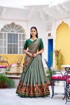 Lorenvalley Fashion Green Tasar Silk Printed And Iconic Sparkle with Lace Border Lehenga Choli with Dupatta | Grocsy