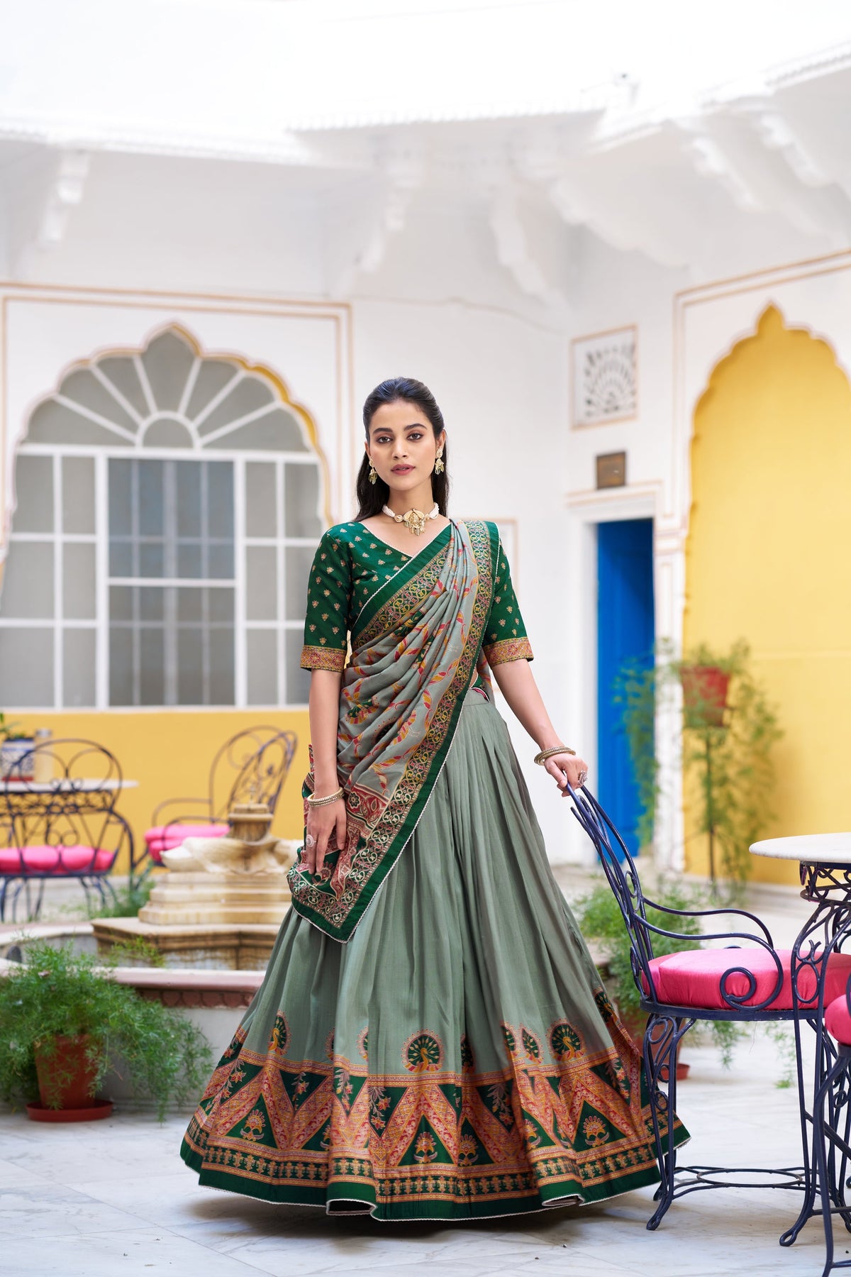 Lorenvalley Fashion Green Tasar Silk Printed And Iconic Sparkle with Lace Border Lehenga Choli with Dupatta | Grocsy