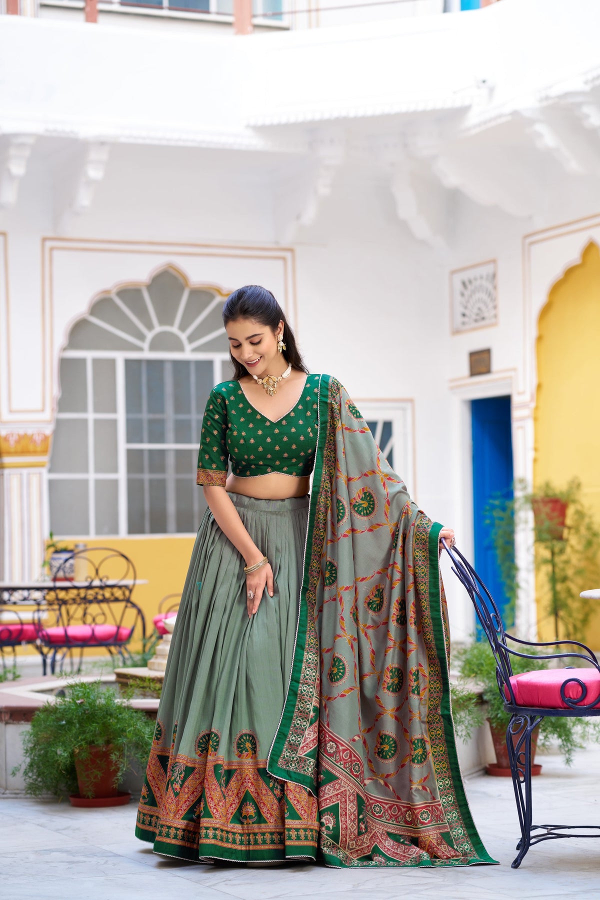 Lorenvalley Fashion Green Tasar Silk Printed And Iconic Sparkle with Lace Border Lehenga Choli with Dupatta | Grocsy