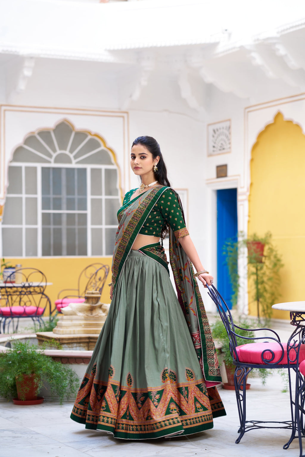 Lorenvalley Fashion Green Tasar Silk Printed And Iconic Sparkle with Lace Border Lehenga Choli with Dupatta | Grocsy