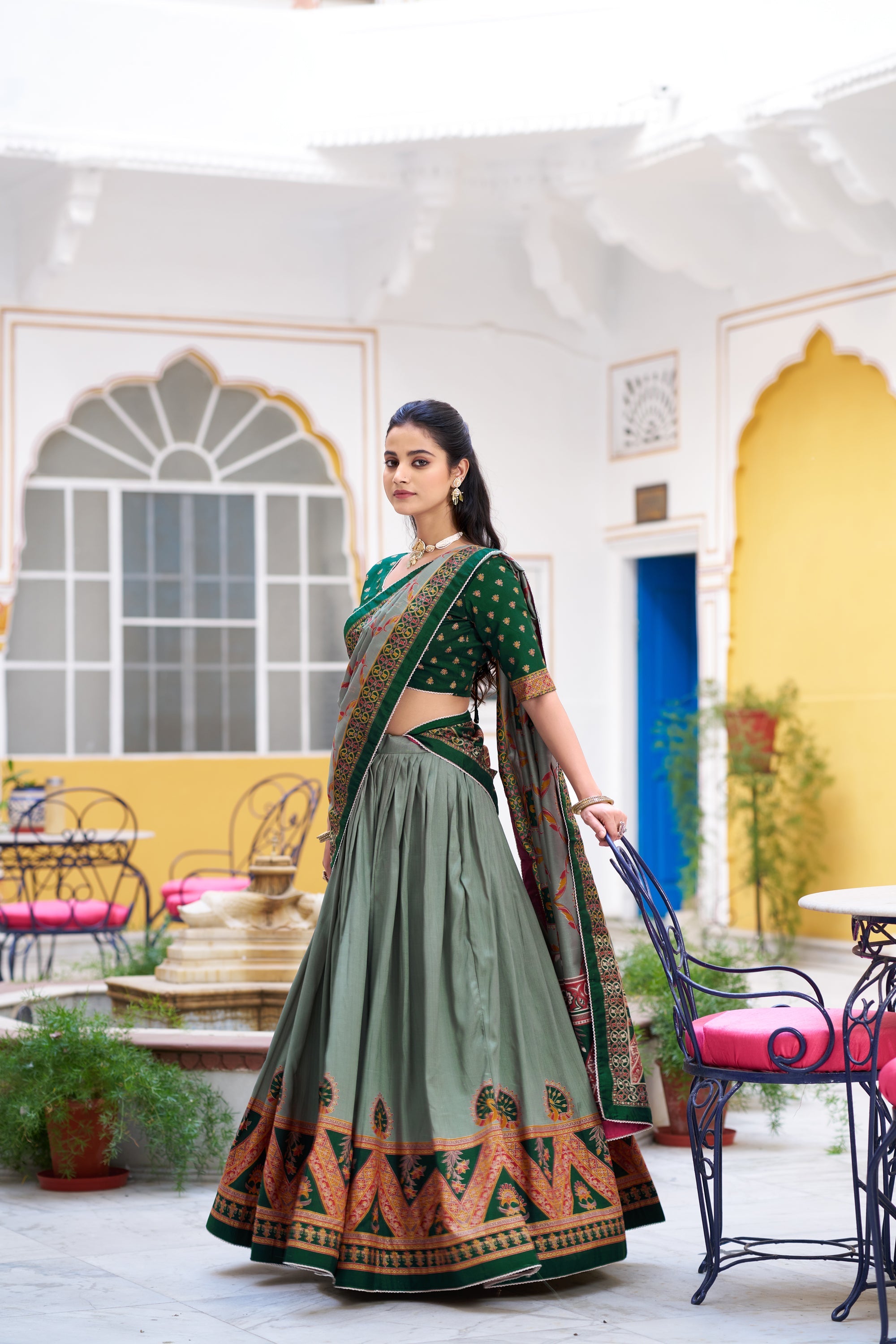 Lorenvalley Fashion Green Tasar Silk Printed And Iconic Sparkle with Lace Border Lehenga Choli with Dupatta | Grocsy
