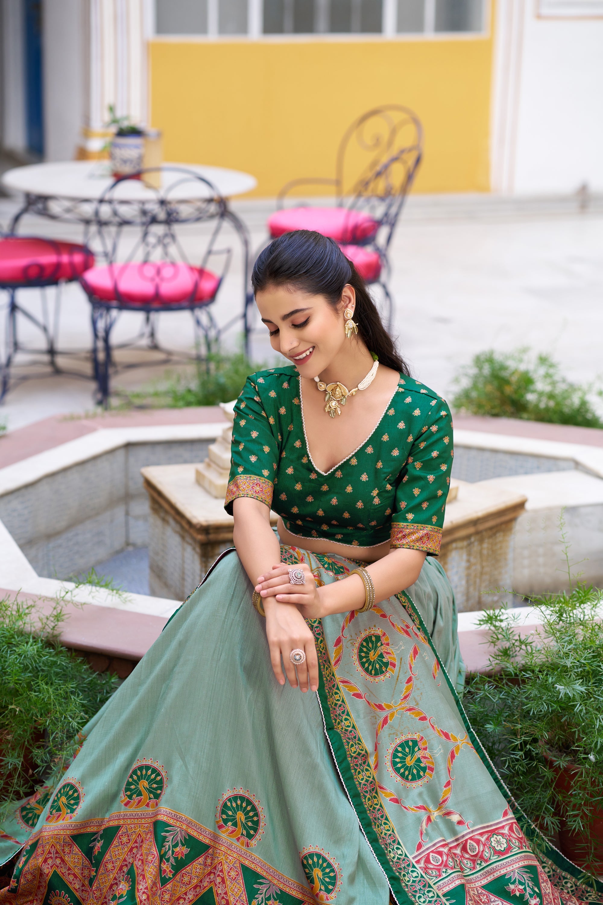 Lorenvalley Fashion Green Tasar Silk Printed And Iconic Sparkle with Lace Border Lehenga Choli with Dupatta | Grocsy