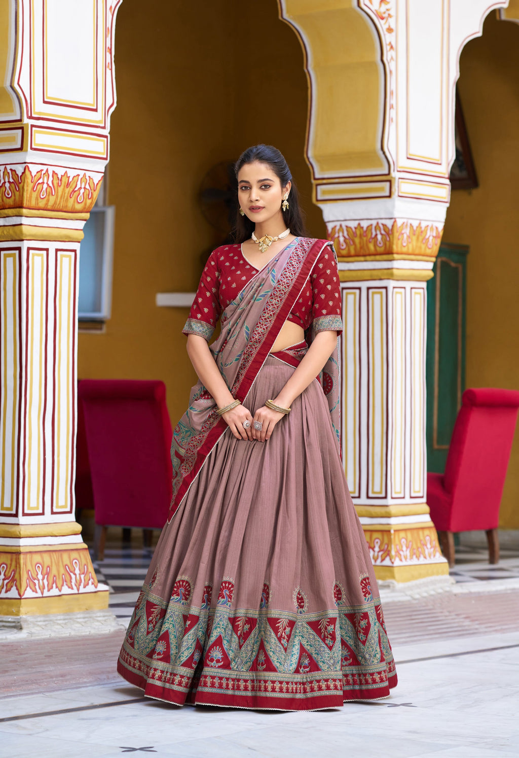 Lorenvalley Fashion Maroon Tasar Silk Printed And Iconic Sparkle with Lace Border Lehenga Choli with Dupatta | Grocsy