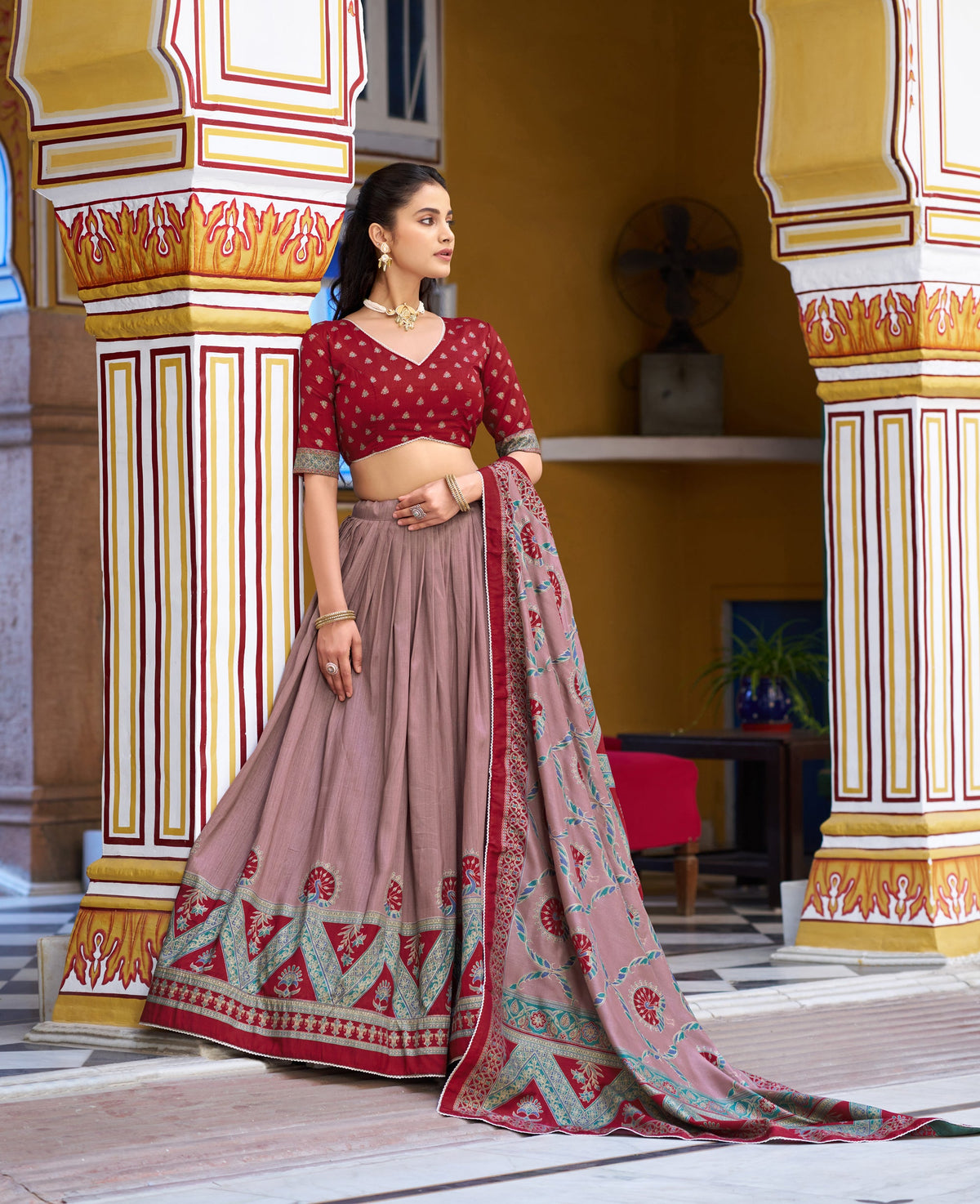 Lorenvalley Fashion Maroon Tasar Silk Printed And Iconic Sparkle with Lace Border Lehenga Choli with Dupatta | Grocsy