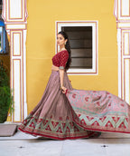 Lorenvalley Fashion Maroon Tasar Silk Printed And Iconic Sparkle with Lace Border Lehenga Choli with Dupatta | Grocsy