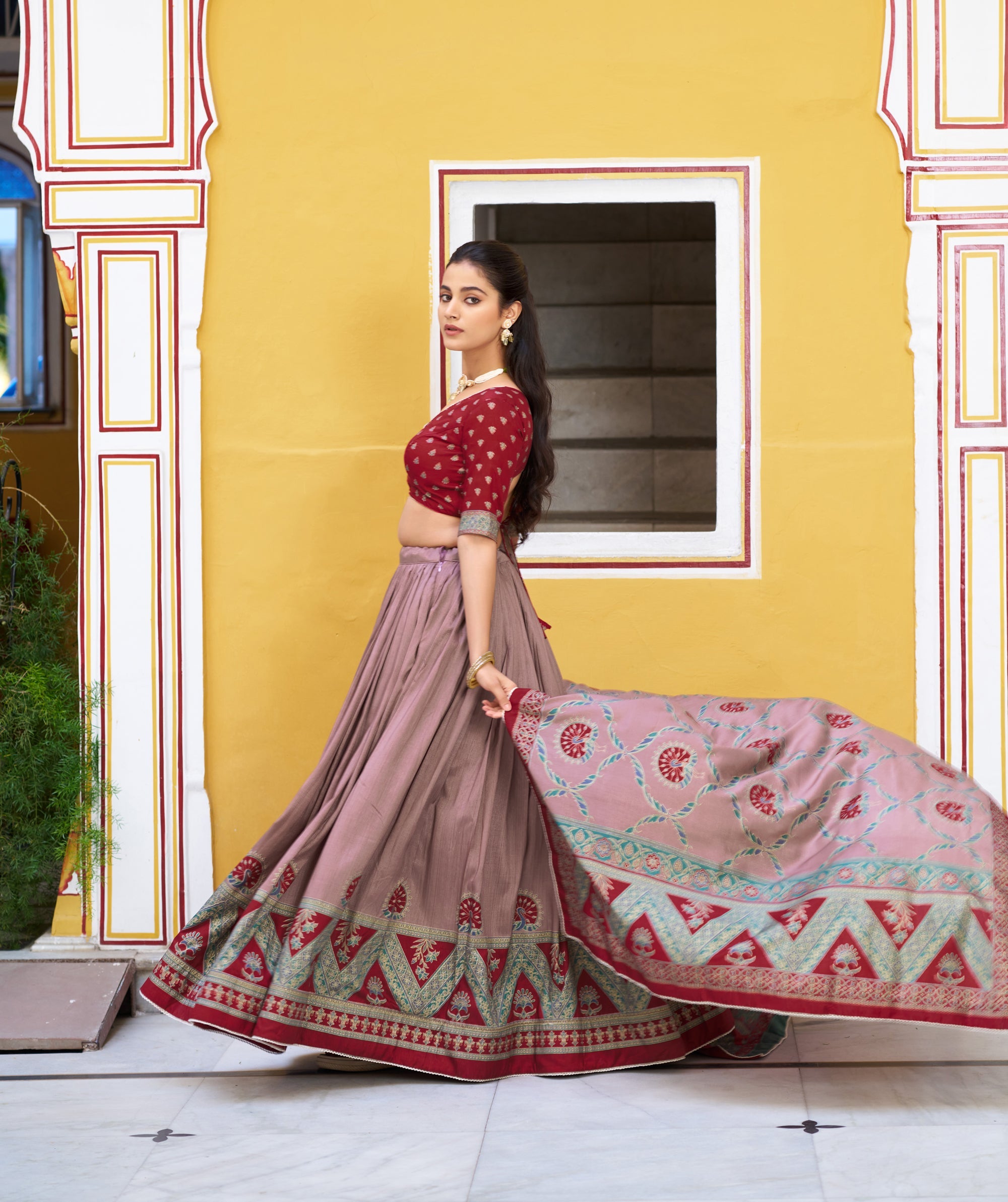 Lorenvalley Fashion Maroon Tasar Silk Printed And Iconic Sparkle with Lace Border Lehenga Choli with Dupatta | Grocsy