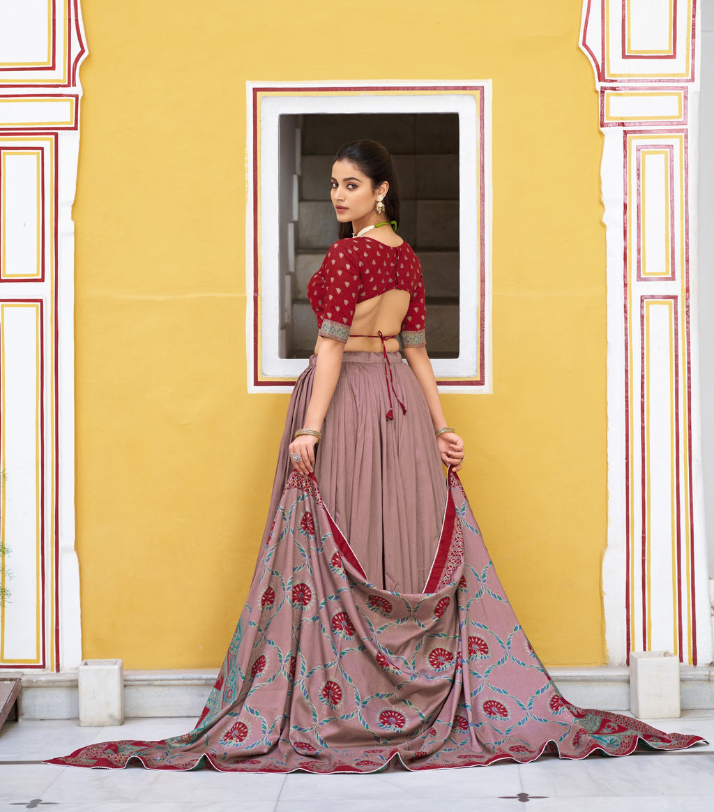 Lorenvalley Fashion Maroon Tasar Silk Printed And Iconic Sparkle with Lace Border Lehenga Choli with Dupatta | Grocsy
