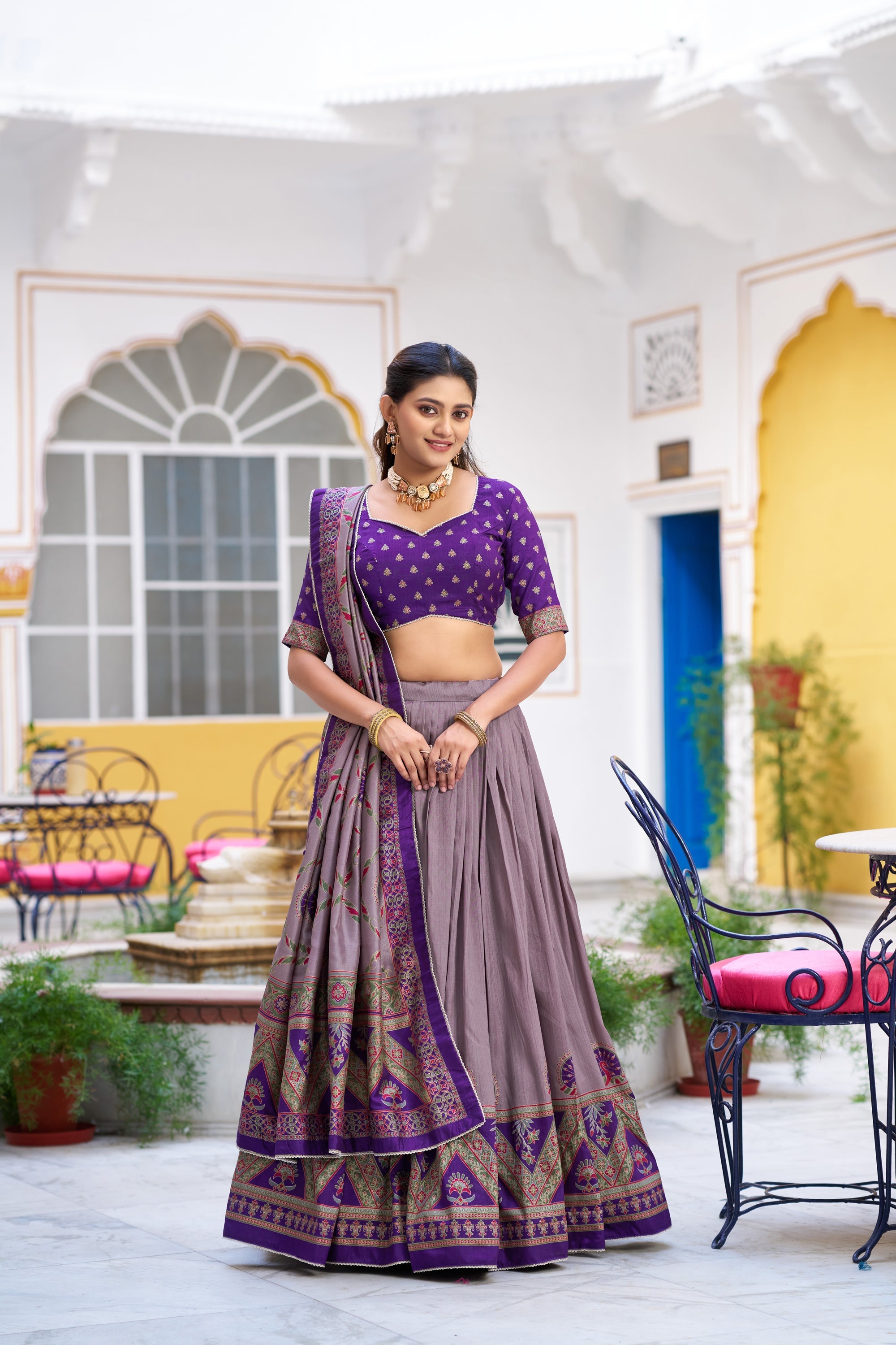 Lorenvalley Fashion Purple Tasar Silk Printed And Iconic Sparkle with Lace Border Lehenga Choli with Dupatta | Grocsy