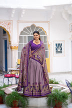Lorenvalley Fashion Purple Tasar Silk Printed And Iconic Sparkle with Lace Border Lehenga Choli with Dupatta | Grocsy