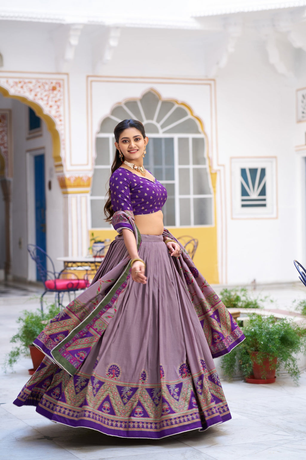 Lorenvalley Fashion Purple Tasar Silk Printed And Iconic Sparkle with Lace Border Lehenga Choli with Dupatta | Grocsy