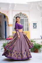Lorenvalley Fashion Purple Tasar Silk Printed And Iconic Sparkle with Lace Border Lehenga Choli with Dupatta | Grocsy