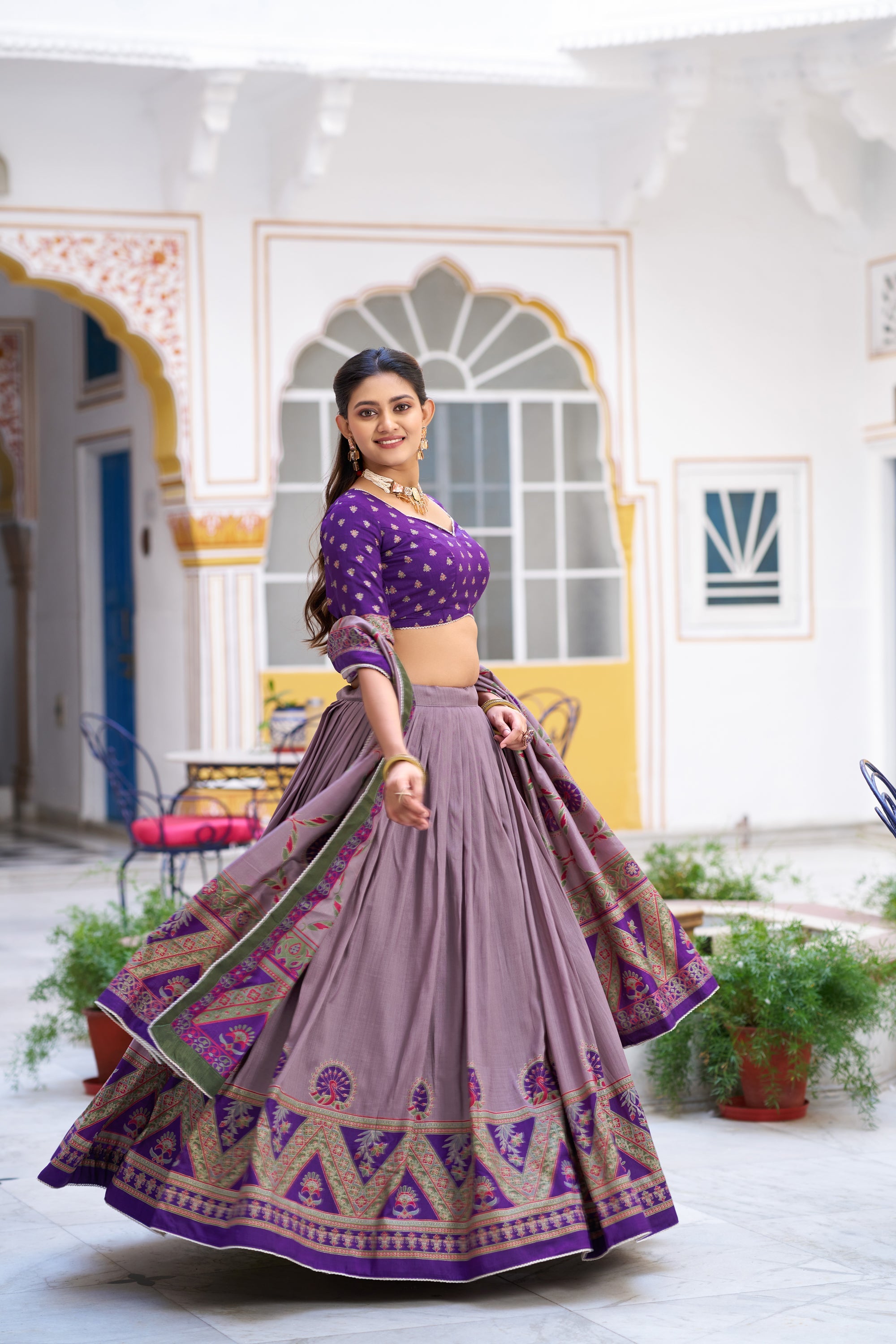 Lorenvalley Fashion Purple Tasar Silk Printed And Iconic Sparkle with Lace Border Lehenga Choli with Dupatta | Grocsy