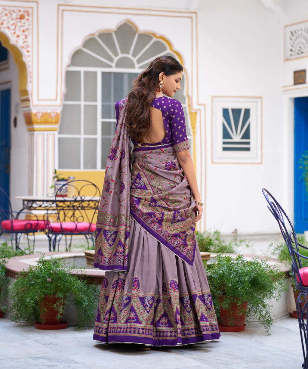 Lorenvalley Fashion Purple Tasar Silk Printed And Iconic Sparkle with Lace Border Lehenga Choli with Dupatta | Grocsy