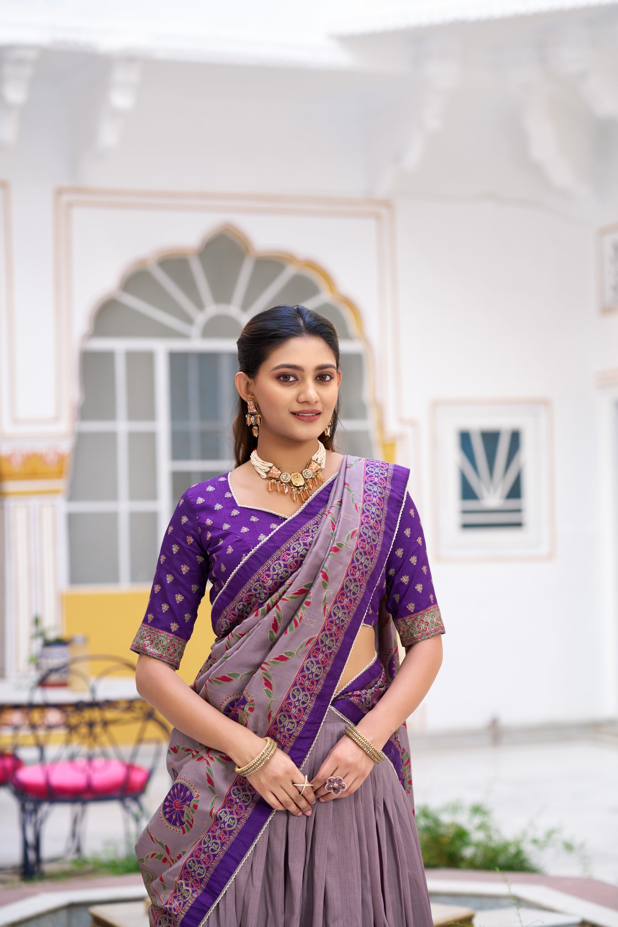 Lorenvalley Fashion Purple Tasar Silk Printed And Iconic Sparkle with Lace Border Lehenga Choli with Dupatta | Grocsy