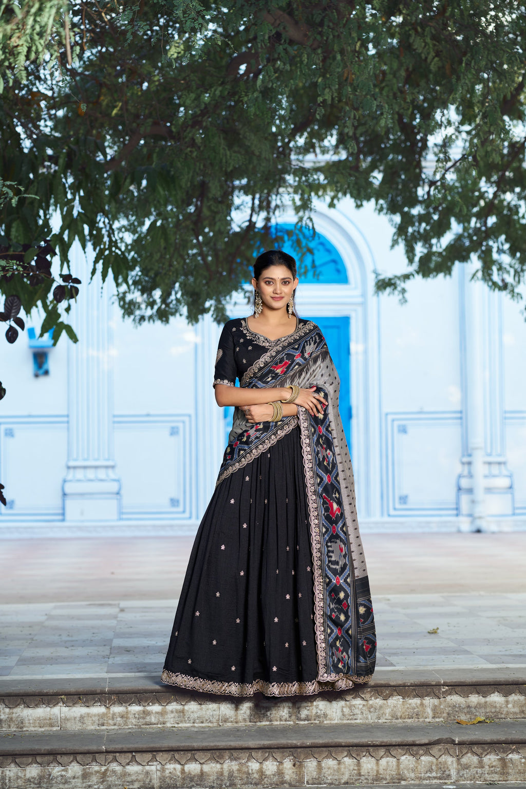 Lorenvalley Fashion Black Vichitra Silk Sequins and Thread Embroidery Work Lehenga Choli with Dupatta | Grocsy