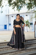 Lorenvalley Fashion Black Vichitra Silk Sequins and Thread Embroidery Work Lehenga Choli with Dupatta | Grocsy