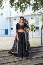 Lorenvalley Fashion Black Vichitra Silk Sequins and Thread Embroidery Work Lehenga Choli with Dupatta | Grocsy