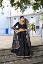 Lorenvalley Fashion Black Vichitra Silk Sequins and Thread Embroidery Work Lehenga Choli with Dupatta | Grocsy