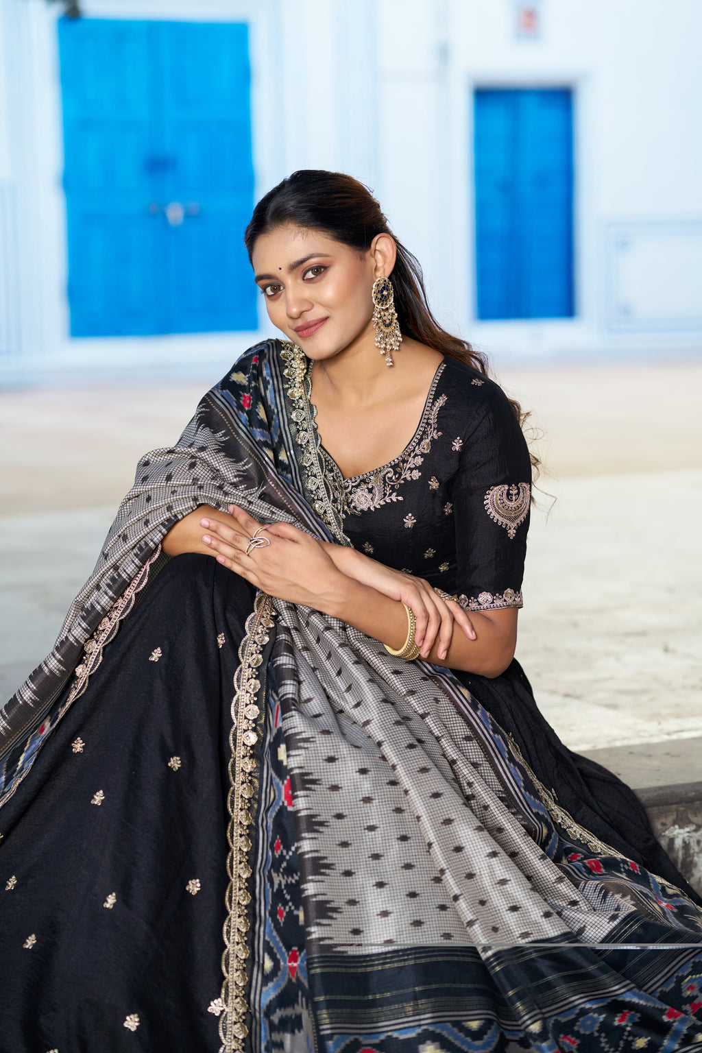 Lorenvalley Fashion Black Vichitra Silk Sequins and Thread Embroidery Work Lehenga Choli with Dupatta | Grocsy