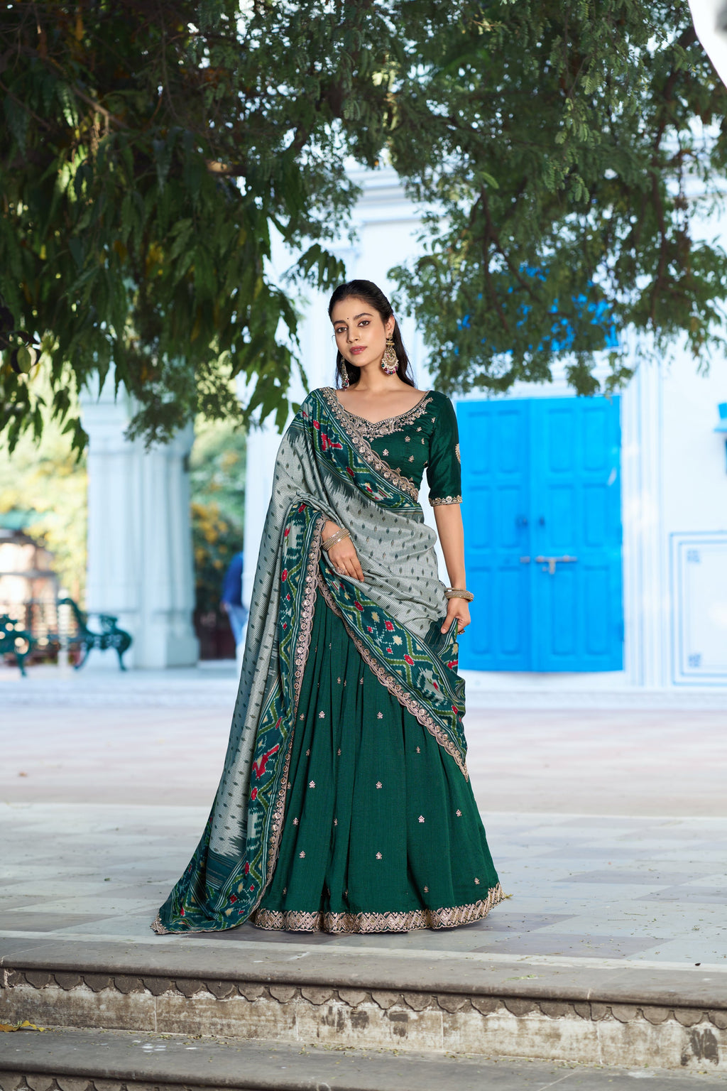 Lorenvalley Fashion Green Vichitra Silk Sequins and Thread Embroidery Work Lehenga Choli with Dupatta | Grocsy