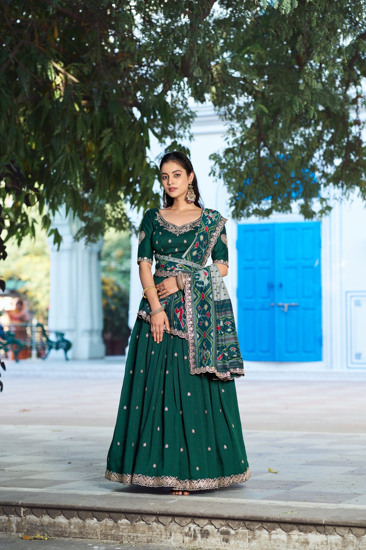 Lorenvalley Fashion Green Vichitra Silk Sequins and Thread Embroidery Work Lehenga Choli with Dupatta | Grocsy