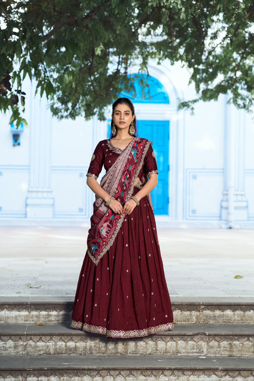 Lorenvalley Fashion Maroon Vichitra Silk Sequins and Thread Embroidery Work Lehenga Choli with Dupatta | Grocsy
