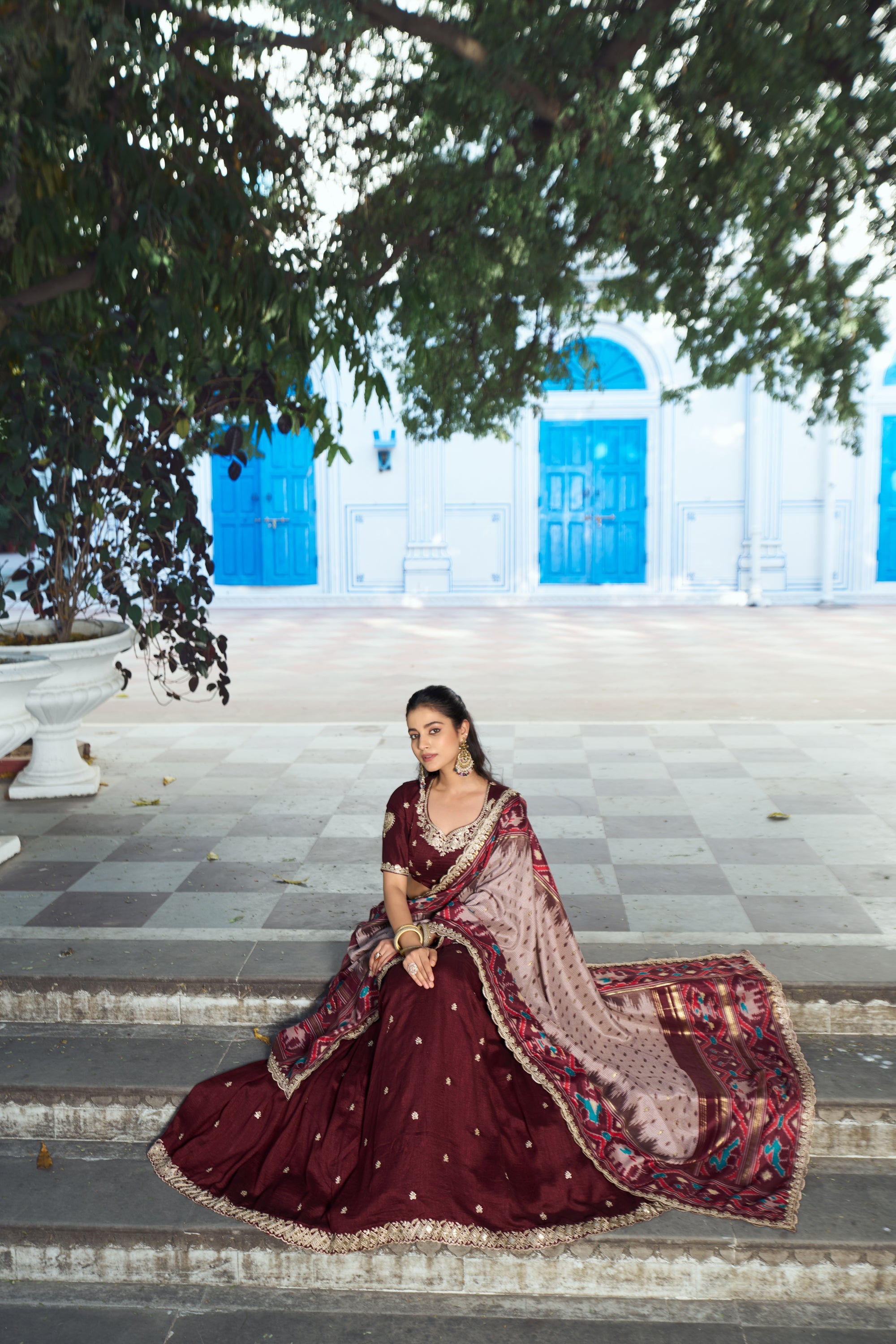 Lorenvalley Fashion Maroon Vichitra Silk Sequins and Thread Embroidery Work Lehenga Choli with Dupatta | Grocsy