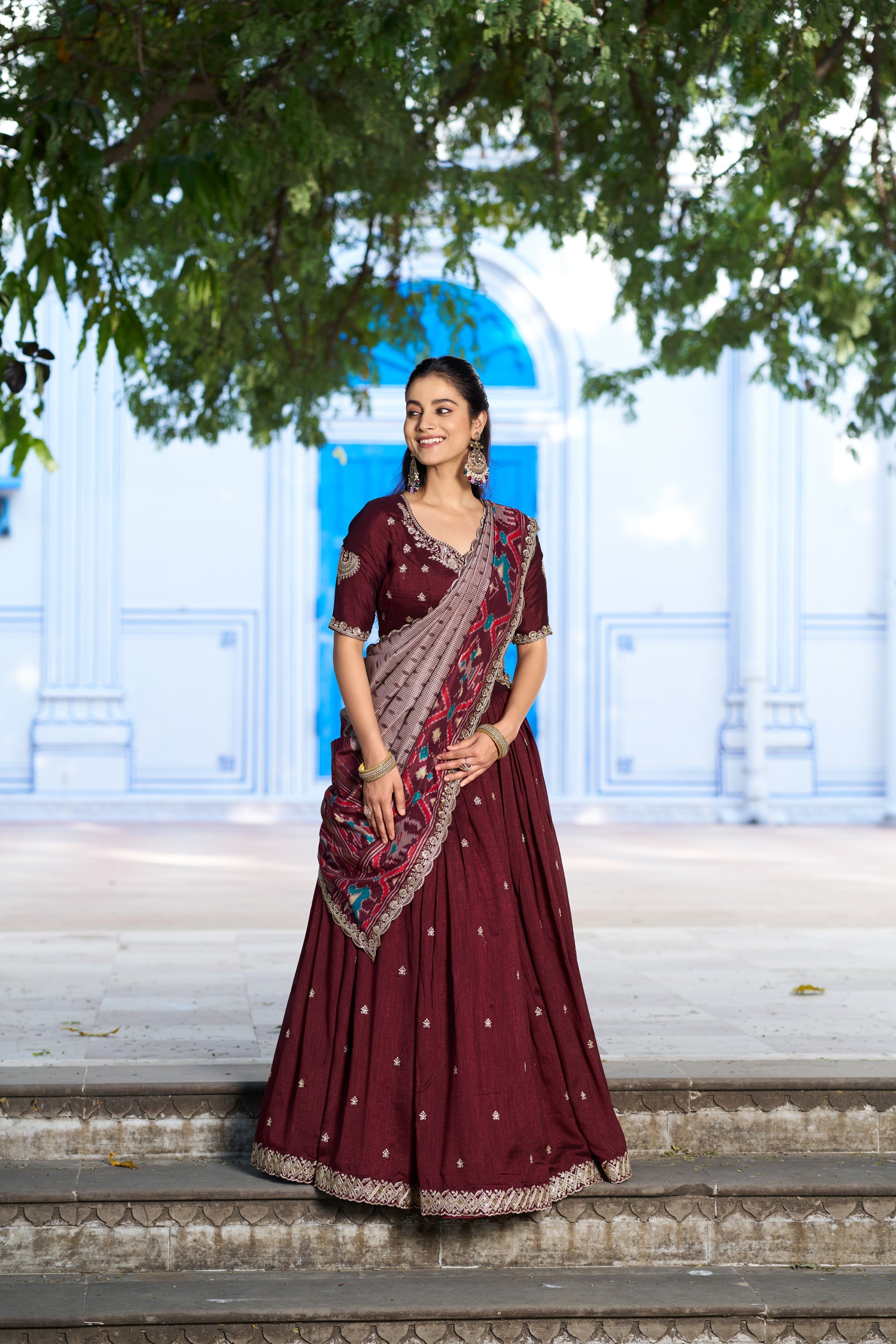 Lorenvalley Fashion Maroon Vichitra Silk Sequins and Thread Embroidery Work Lehenga Choli with Dupatta | Grocsy