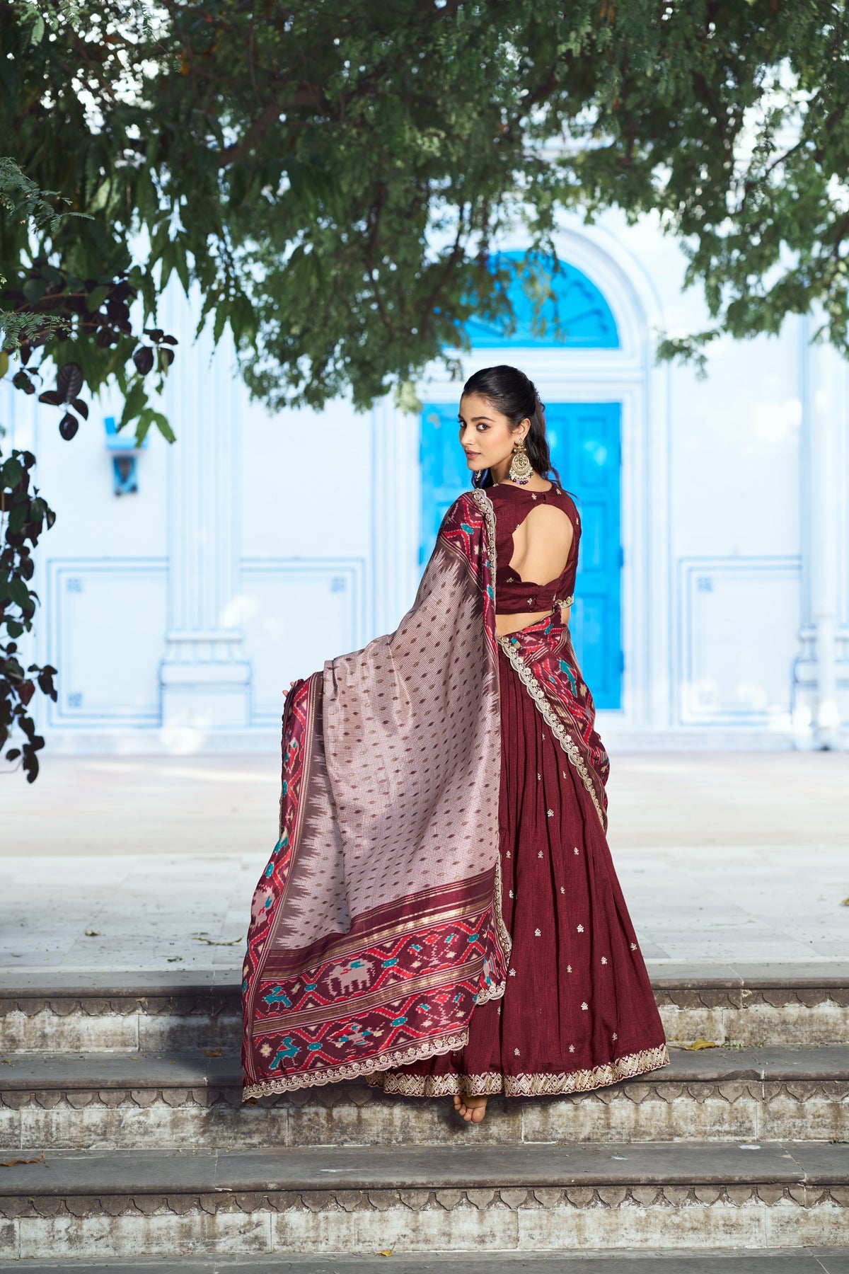 Lorenvalley Fashion Maroon Vichitra Silk Sequins and Thread Embroidery Work Lehenga Choli with Dupatta | Grocsy