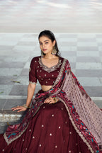 Lorenvalley Fashion Maroon Vichitra Silk Sequins and Thread Embroidery Work Lehenga Choli with Dupatta | Grocsy