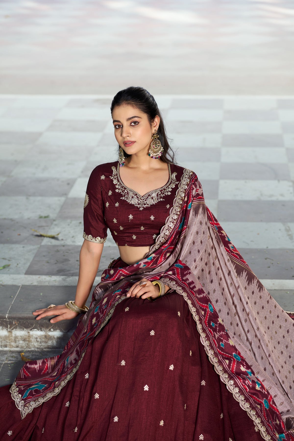 Lorenvalley Fashion Maroon Vichitra Silk Sequins and Thread Embroidery Work Lehenga Choli with Dupatta | Grocsy