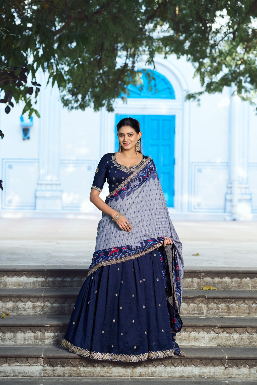 Lorenvalley Fashion Navyblue Vichitra Silk Sequins and Thread Embroidery Work Lehenga Choli with Dupatta | Grocsy