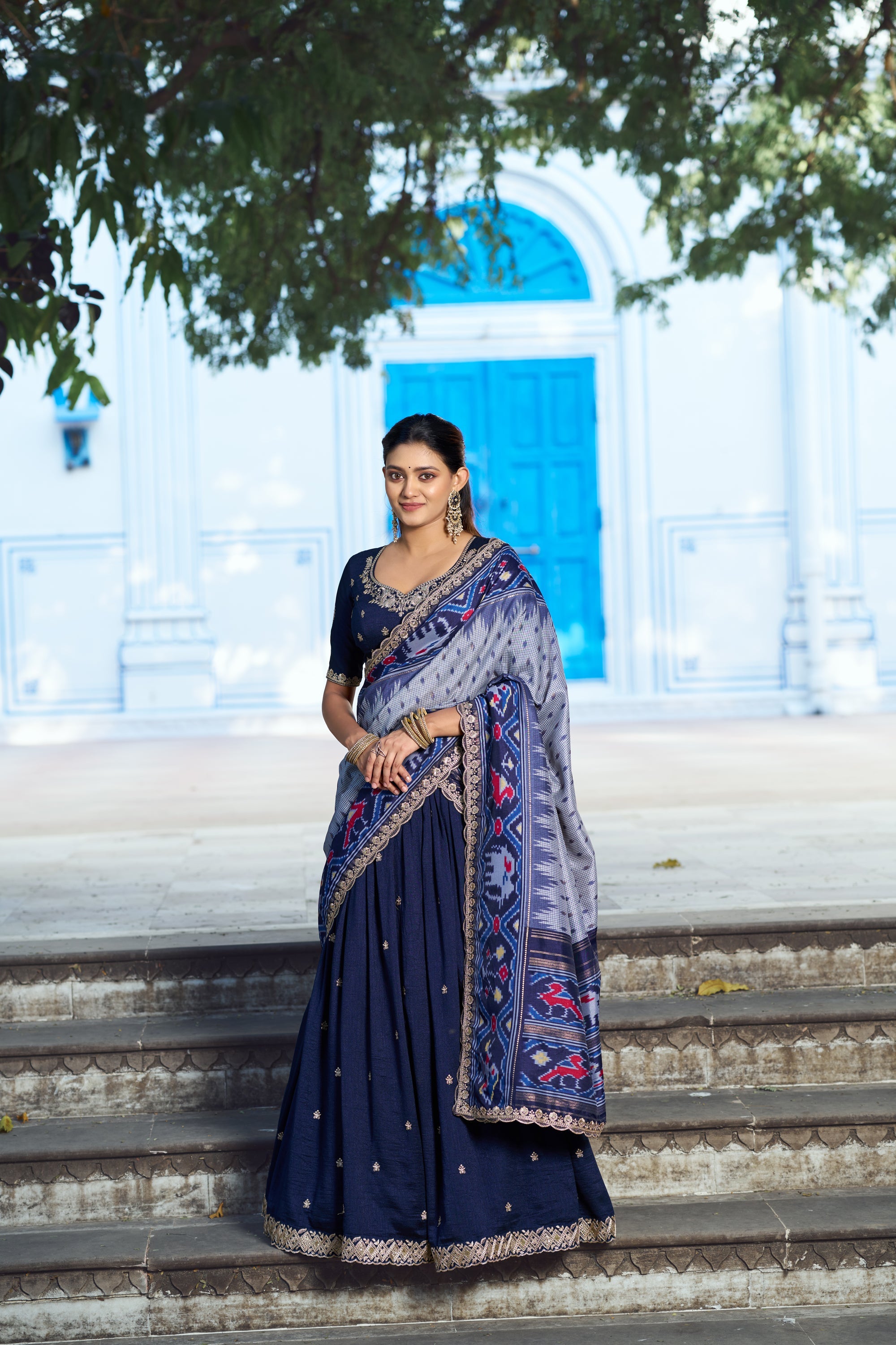 Lorenvalley Fashion Navyblue Vichitra Silk Sequins and Thread Embroidery Work Lehenga Choli with Dupatta | Grocsy